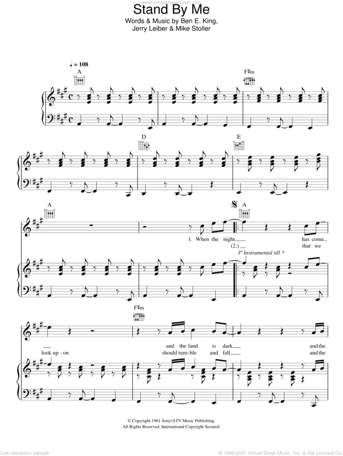 Stand By Me sheet music for voice, piano or guitar by John Lennon, Ben E. King, Leiber & Stoller, Jerry Leiber and Mike Stoller, intermediate skill level