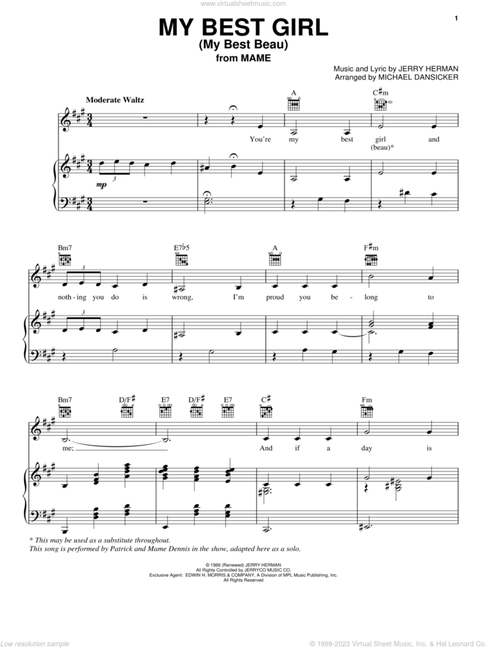 My Best Girl (My Best Beau) sheet music for voice, piano or guitar by Jerry Herman and Mame (Musical), intermediate skill level