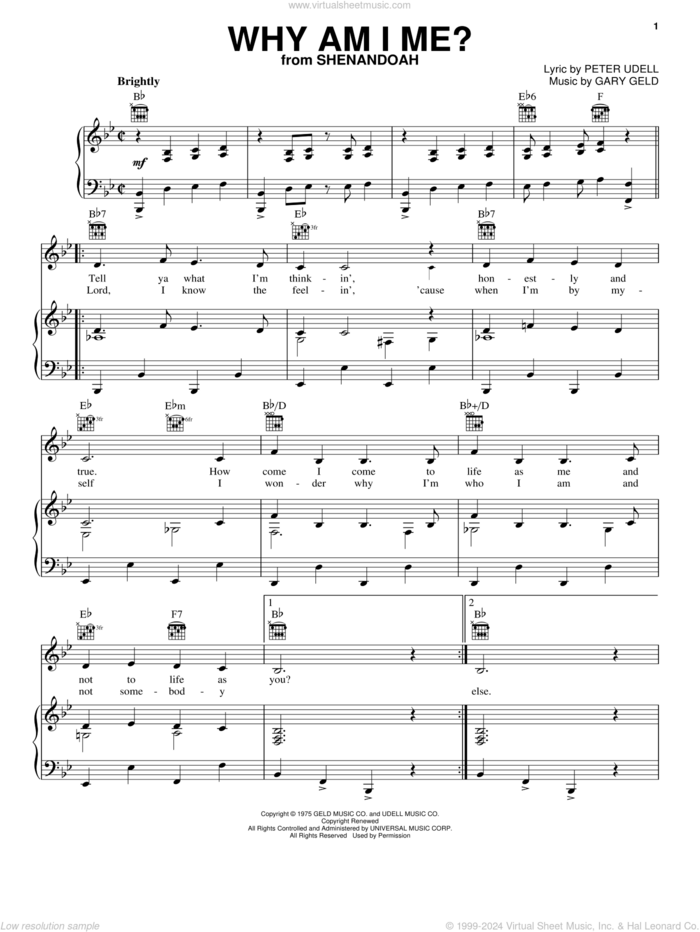 Why Am I Me? sheet music for voice, piano or guitar by Peter Udell, Shenandoah (Musical) and Gary Geld, intermediate skill level