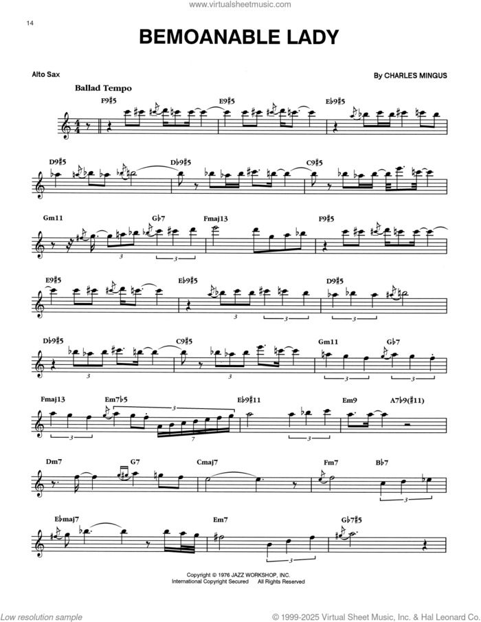 Bemoanable Lady sheet music for alto saxophone (transcription) by Eric Dolphy and Charles Mingus, intermediate skill level
