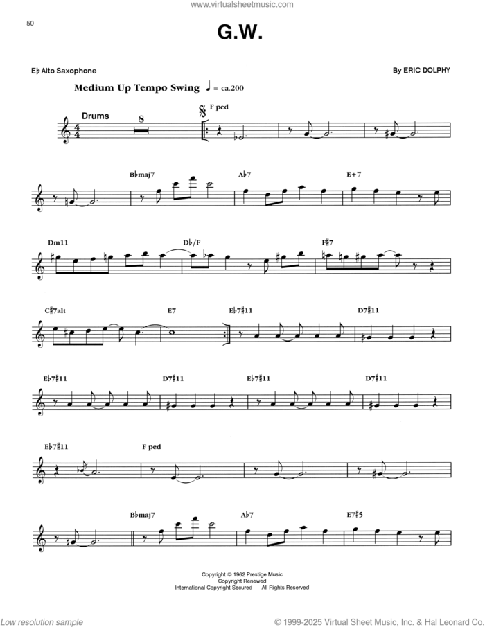 G.W. sheet music for alto saxophone (transcription) by Eric Dolphy, intermediate skill level