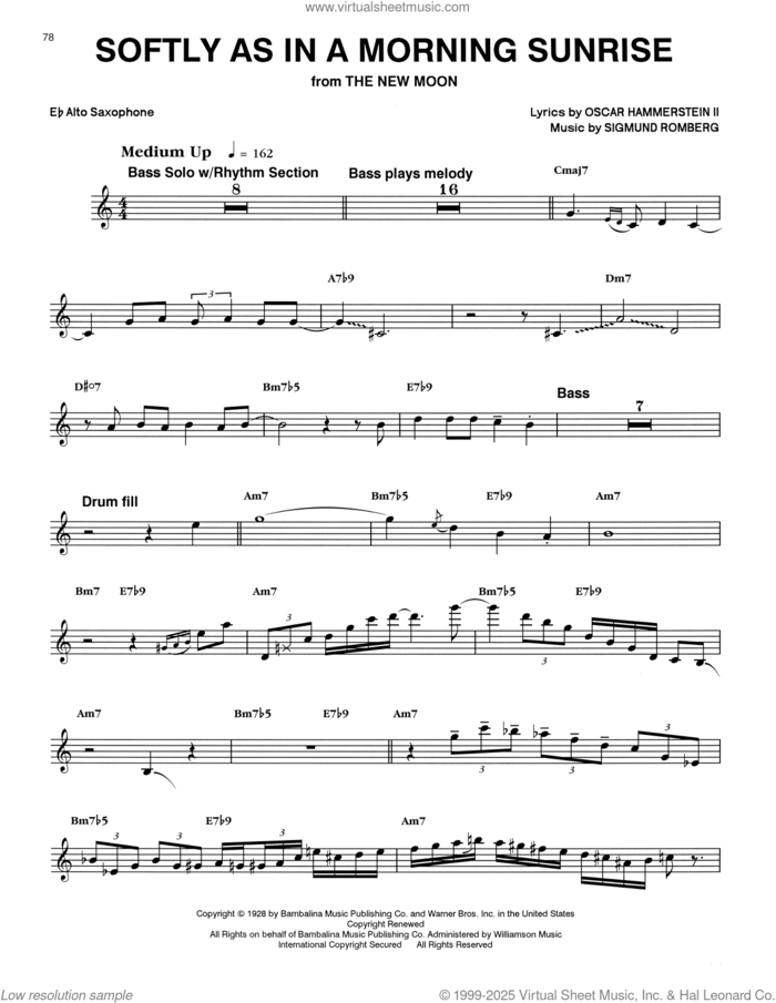 Softly As In A Morning Sunrise sheet music for alto saxophone (transcription) by Eric Dolphy, Oscar II Hammerstein and Sigmund Romberg, intermediate skill level