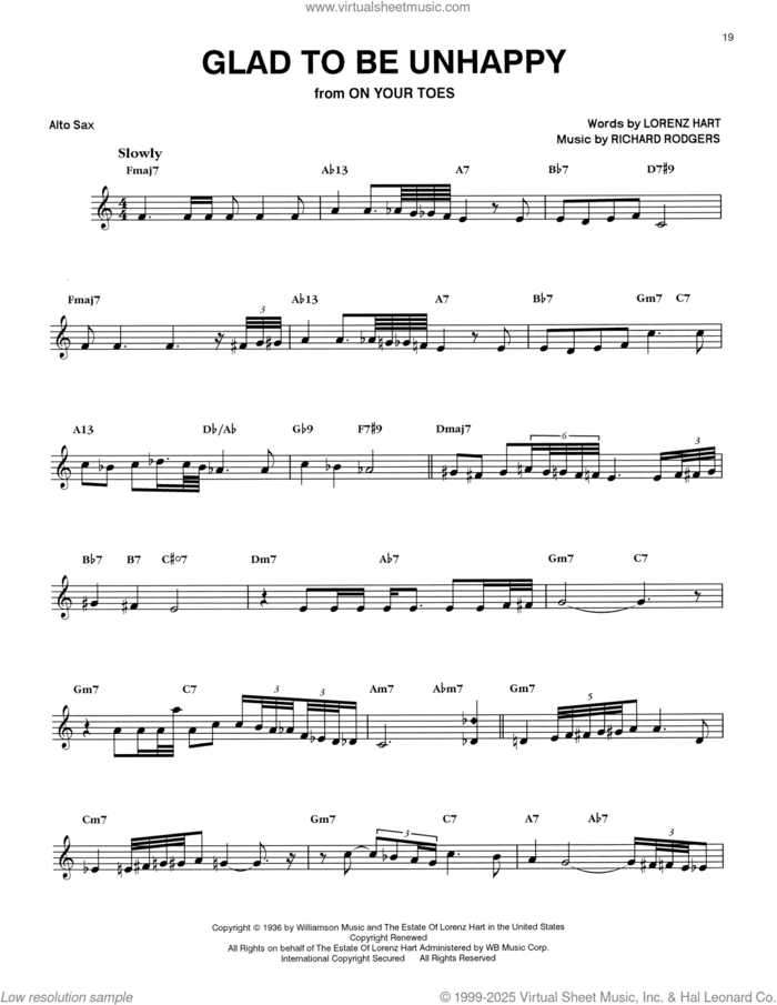 Glad To Be Unhappy sheet music for alto saxophone (transcription) by Eric Dolphy, Lorenz Hart and Richard Rodgers, intermediate skill level