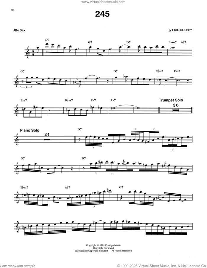 245 sheet music for alto saxophone (transcription) by Eric Dolphy, intermediate skill level