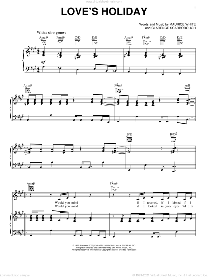 Love's Holiday sheet music for voice, piano or guitar by Earth, Wind & Fire, Clarence Scarborough and Maurice White, intermediate skill level