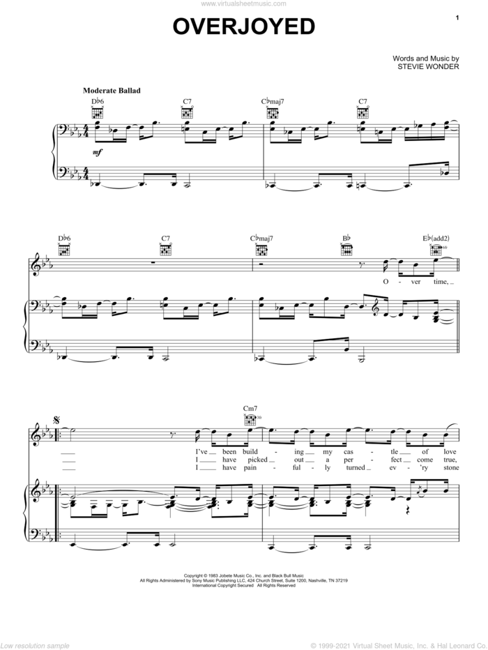 Overjoyed sheet music for voice, piano or guitar by Stevie Wonder, intermediate skill level
