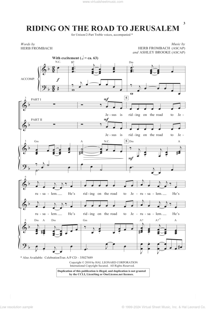 Riding On The Road To Jerusalem sheet music for choir (2-Part) by Herb Frombach and Ashley Brooke, intermediate duet