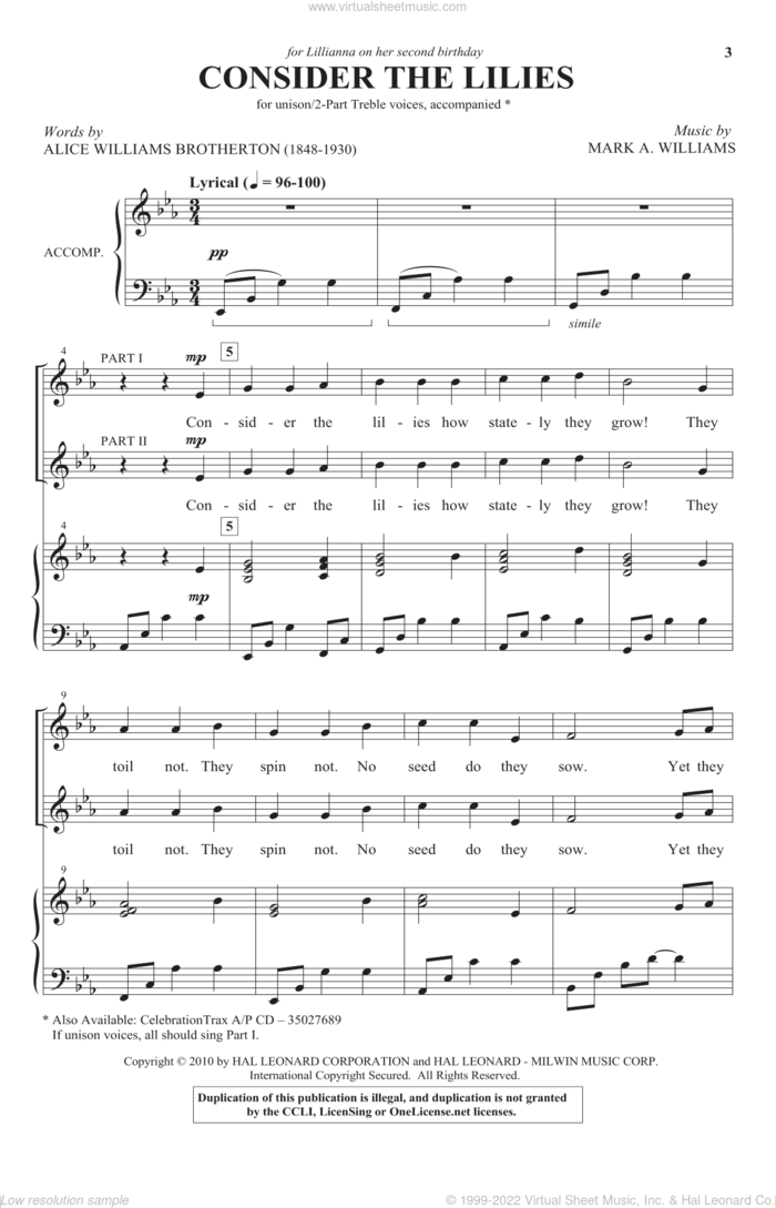 Consider The Lilies sheet music for choir (2-Part) by Mark Williams and Alice Williams Brotherton, intermediate duet