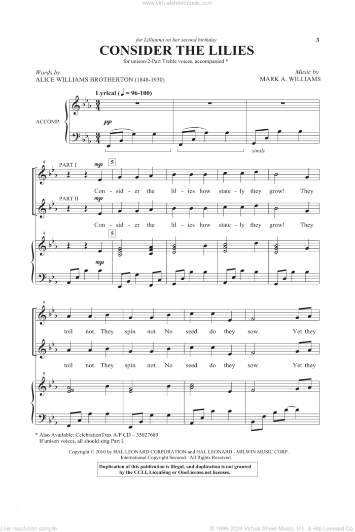 Consider The Lilies sheet music for choir (2-Part) by Mark Williams and Alice Williams Brotherton, intermediate duet