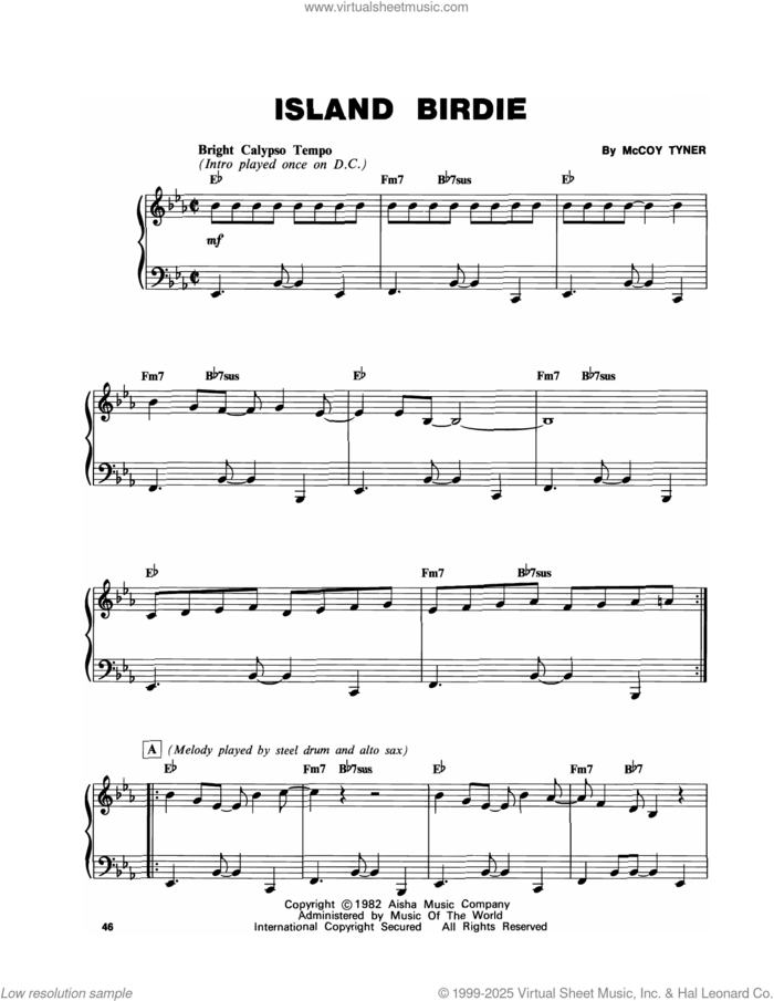 Island Birdie sheet music for piano solo (transcription) by McCoy Tyner, intermediate piano (transcription)