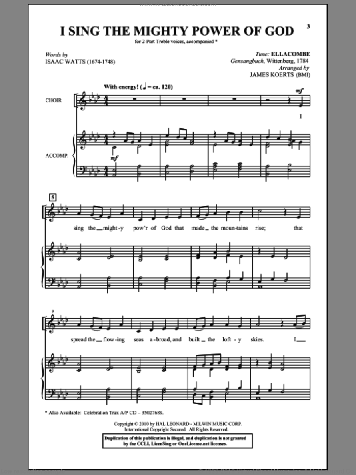 I Sing The Mighty Power Of God sheet music for choir (2-Part) by Isaac Watts, William Monk and James Koerts, intermediate duet