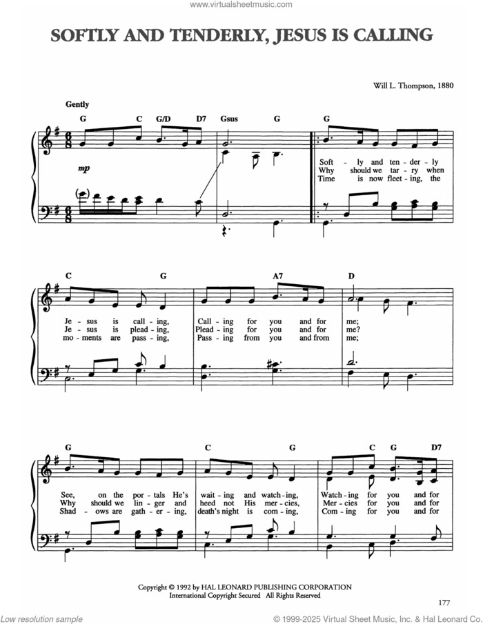 Softly And Tenderly sheet music for piano solo by Will L. Thompson, easy skill level