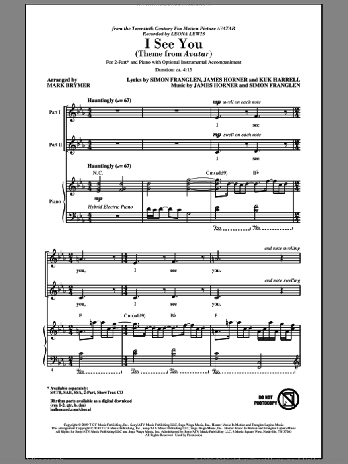 I See You (Theme from Avatar) sheet music for choir (2-Part) by James Horner, Kuk Harrell, Simon Franglen, Leona Lewis and Mark Brymer, intermediate duet