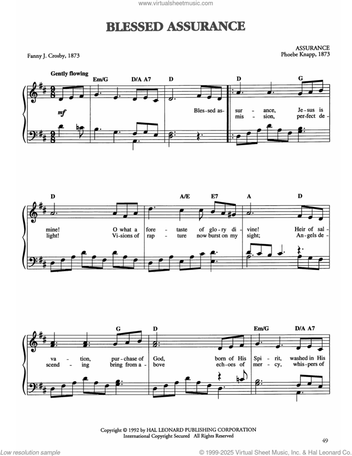 Blessed Assurance sheet music for piano solo by Fanny J. Crosby and Phoebe Palmer Knapp, easy skill level