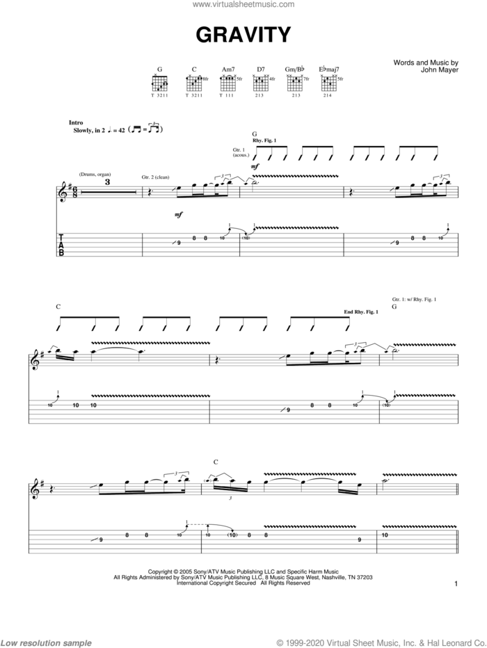 Gravity sheet music for guitar solo (chords) by John Mayer, easy guitar (chords)