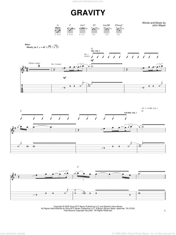 Gravity sheet music for guitar solo (chords) by John Mayer, easy guitar (chords)