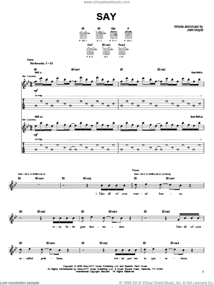 Say sheet music for guitar solo (chords) by John Mayer, easy guitar (chords)
