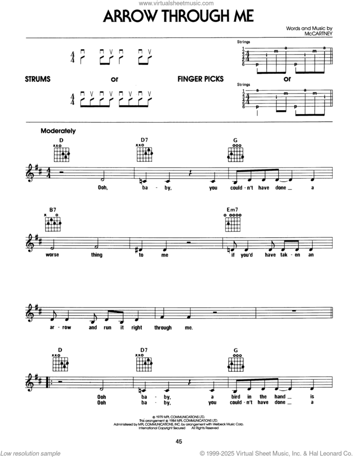 Arrow Through Me sheet music for guitar solo (chords) by Wings and Paul McCartney, easy guitar (chords)