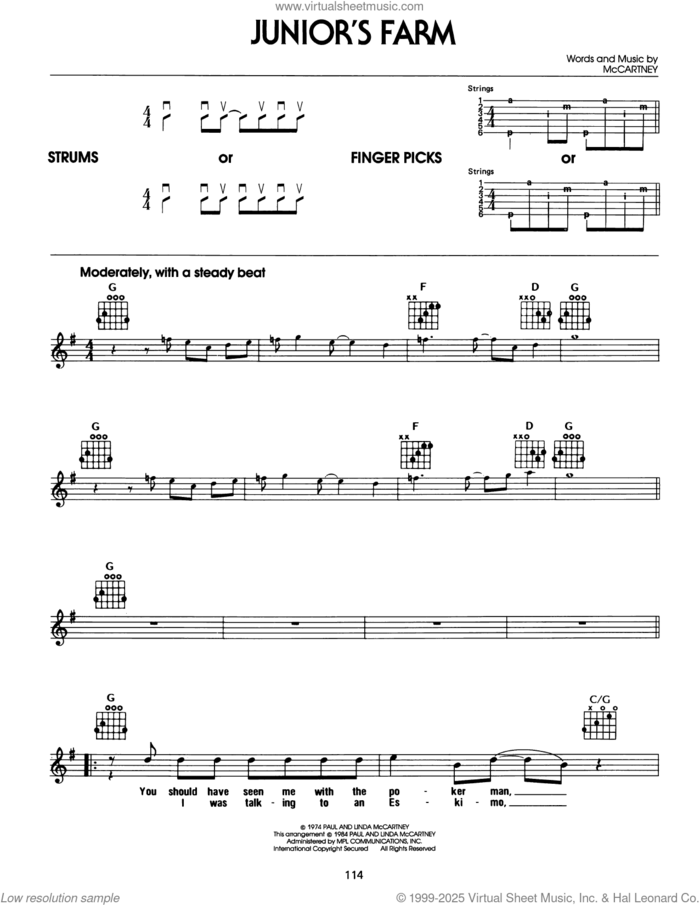 Junior's Farm sheet music for guitar solo (chords) by Paul McCartney, Paul McCartney and Wings and Linda McCartney, easy guitar (chords)