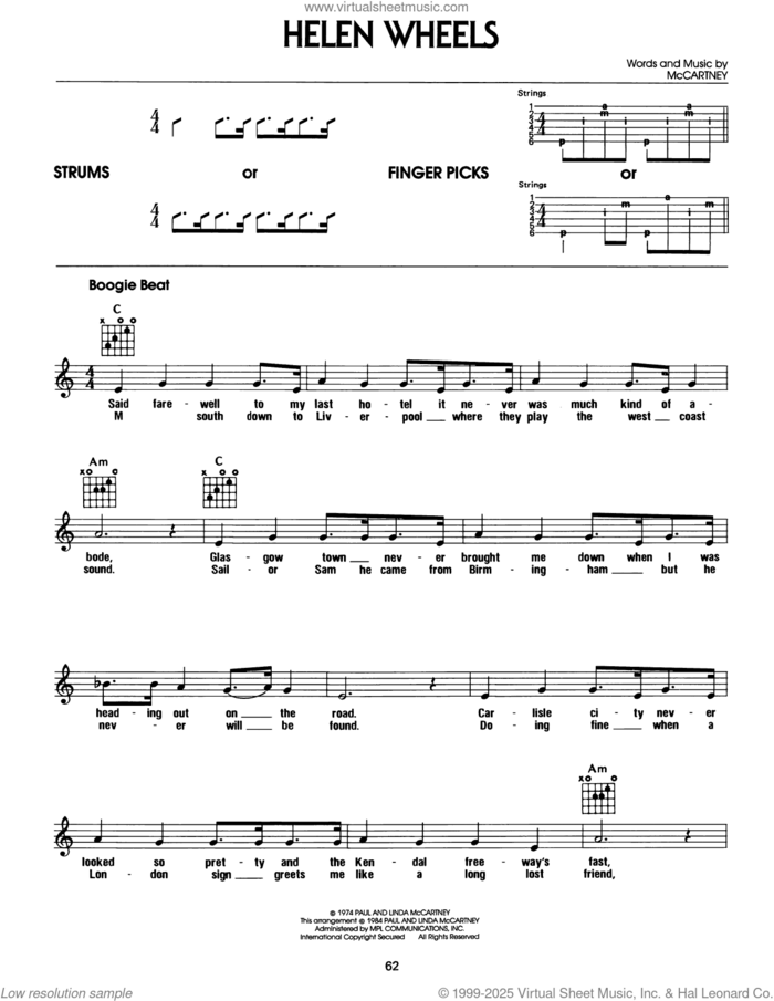 Helen Wheels sheet music for guitar solo (chords) by Paul McCartney and Linda McCartney, easy guitar (chords)