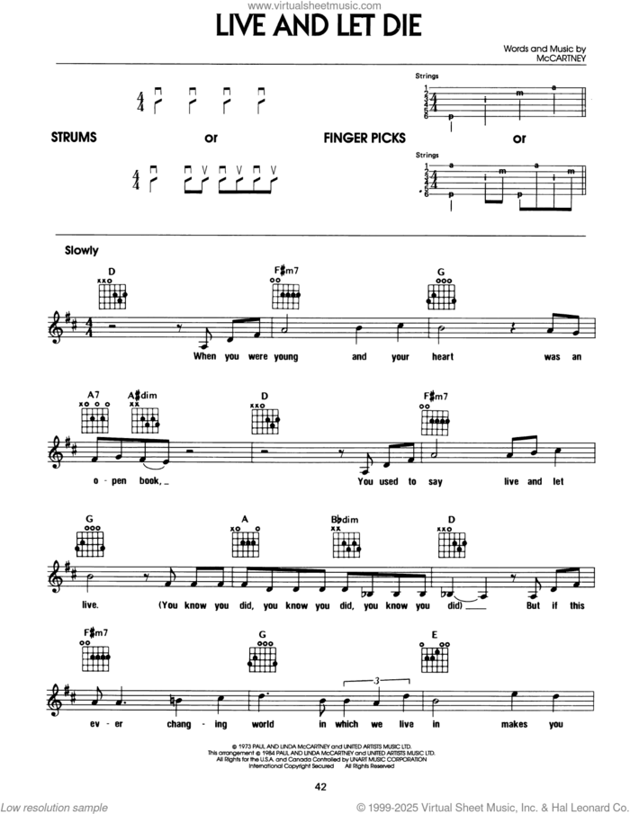 Live And Let Die sheet music for guitar solo (chords) by Wings, Linda McCartney and Paul McCartney, easy guitar (chords)