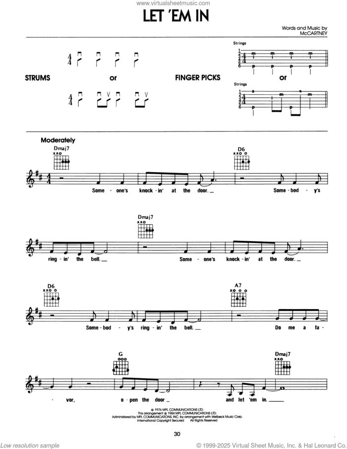 Let 'Em In sheet music for guitar solo (chords) by Wings, Linda McCartney and Paul McCartney, easy guitar (chords)