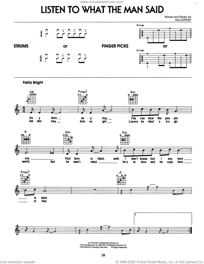 Listen To What The Man Said sheet music for guitar solo (chords) by Wings, Linda McCartney and Paul McCartney, easy guitar (chords)