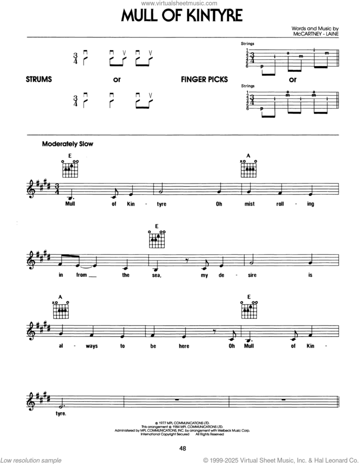 Mull Of Kintyre sheet music for guitar solo (chords) by Wings, Denny Laine and Paul McCartney, easy guitar (chords)