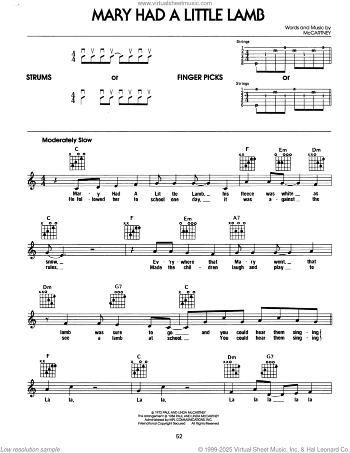 Mary Had A Little Lamb sheet music for guitar solo (chords) by Paul McCartney and Linda McCartney, easy guitar (chords)