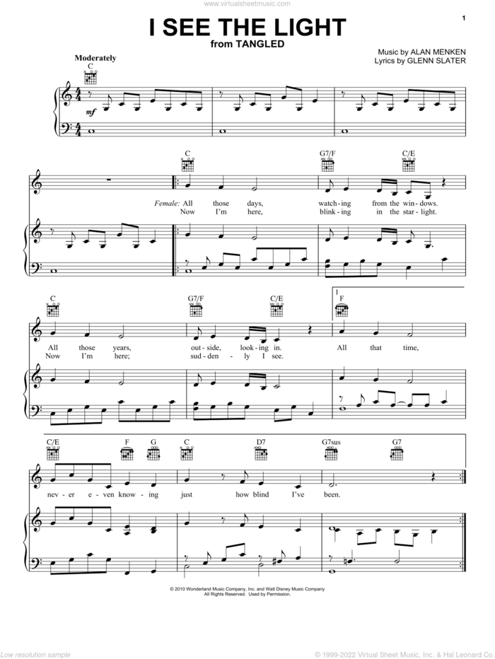 I See The Light (from Tangled) sheet music for voice, piano or guitar by Alan Menken, Mandy Moore, Tangled (Movie) and David Slater, intermediate skill level