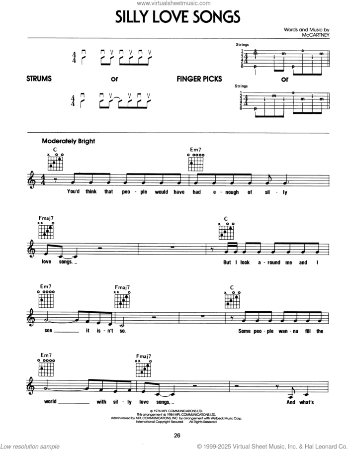 Silly Love Songs sheet music for guitar solo (chords) by Wings, Linda McCartney and Paul McCartney, easy guitar (chords)