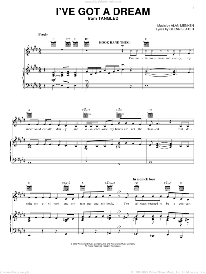 I've Got A Dream (from Tangled) sheet music for voice, piano or guitar by Mandy Moore, Tangled (Movie), Alan Menken and David Slater, intermediate skill level