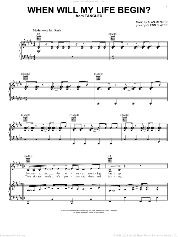 When Will My Life Begin? (from Tangled) sheet music for voice, piano or guitar by Mandy Moore, Tangled (Movie), Alan Menken and David Slater, intermediate skill level