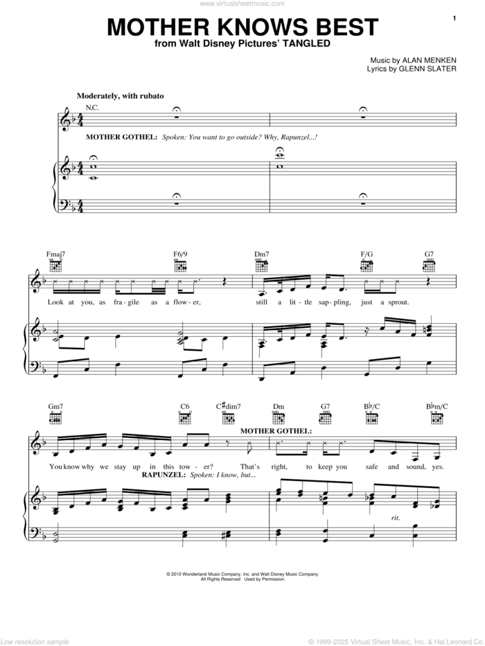 Mother Knows Best (from Disney's Tangled) sheet music for voice, piano or guitar by Donna Murphy, Tangled (Movie), Alan Menken and David Slater, intermediate skill level