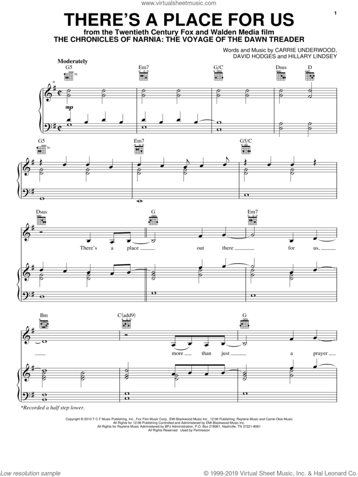 There's A Place For Us sheet music for voice, piano or guitar by Carrie Underwood, The Chronicles Of Narnia: The Voyage Of The Dawn Treader (Movie), David Hodges and Hillary Lindsey, intermediate skill level