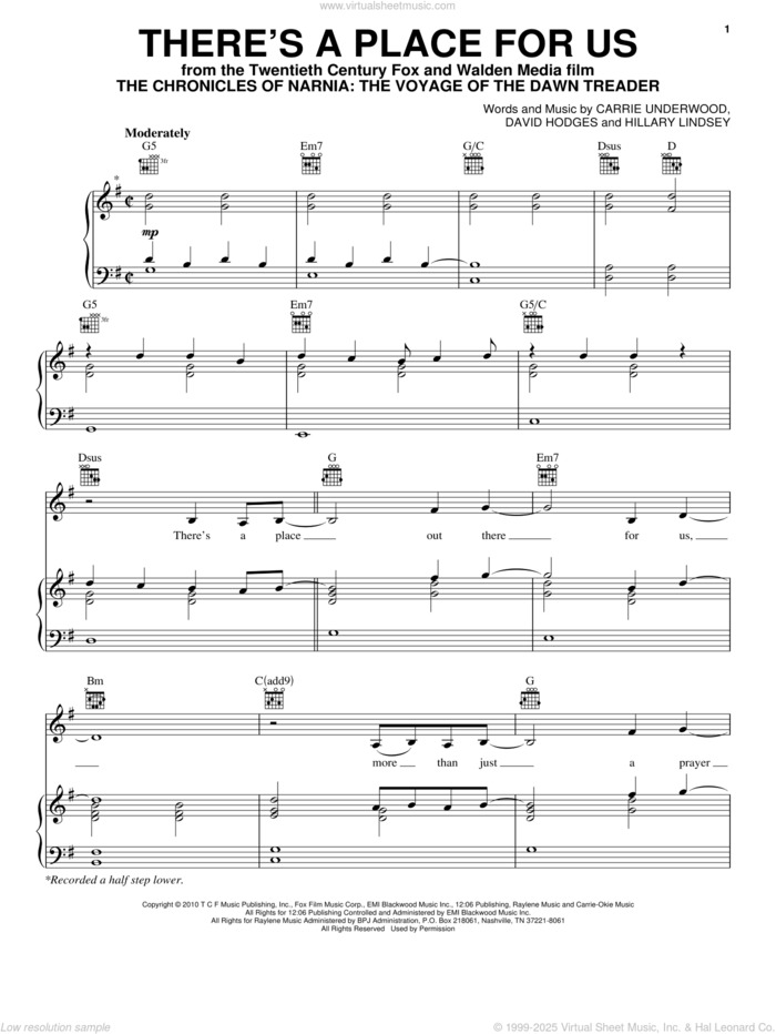 There's A Place For Us sheet music for voice, piano or guitar by Carrie Underwood, The Chronicles Of Narnia: The Voyage Of The Dawn Treader (Movie), David Hodges and Hillary Lindsey, intermediate skill level