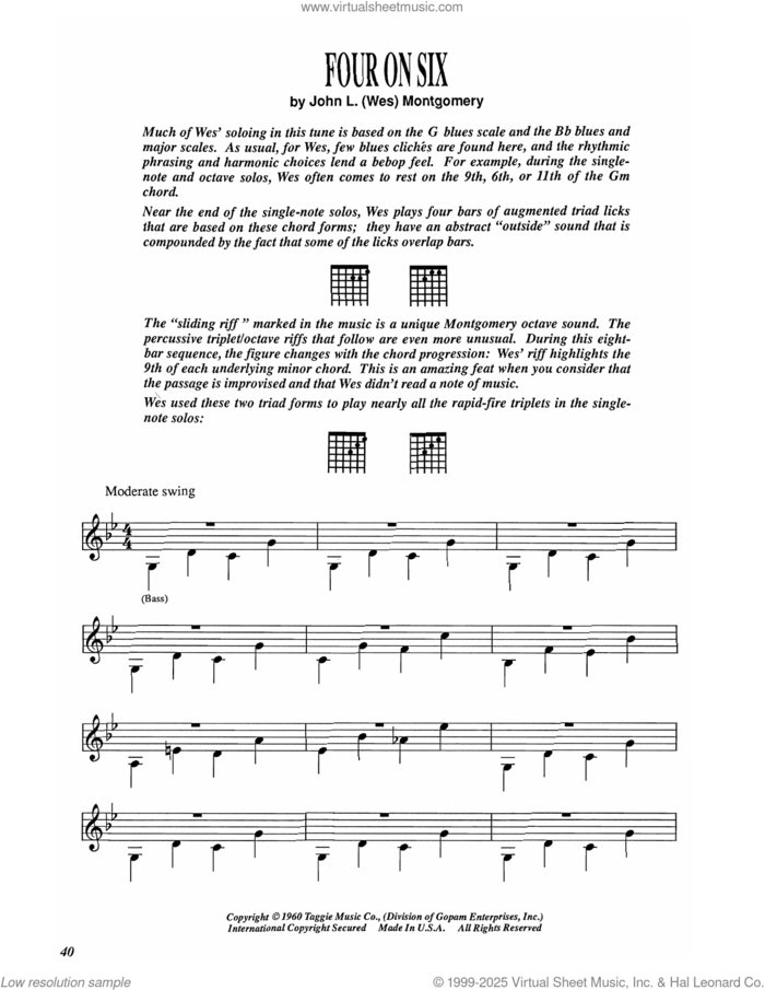 Four On Six sheet music for electric guitar (transcription) by Wes Montgomery, intermediate skill level