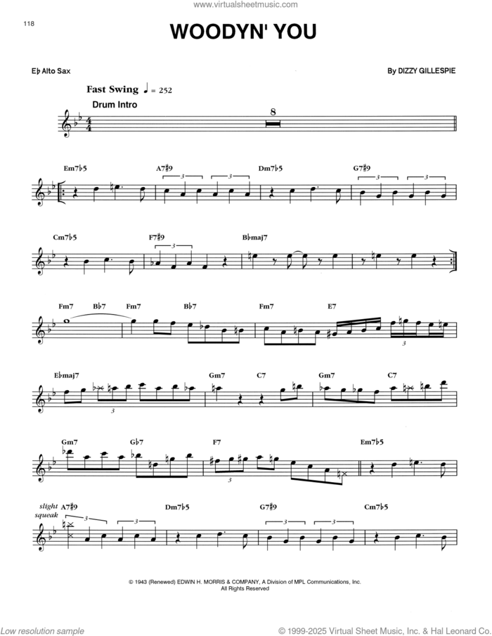 Woody 'n You sheet music for alto saxophone (transcription) by Eric Dolphy and Dizzy Gillespie, intermediate skill level
