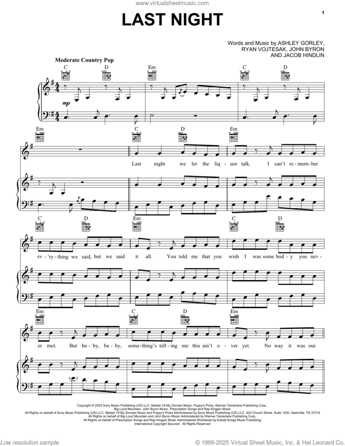Last Night sheet music for voice, piano or guitar by Morgan Wallen, Ashley Gorley, Jacob Hindlin, John Byron and Ryan Vojtesak, intermediate skill level