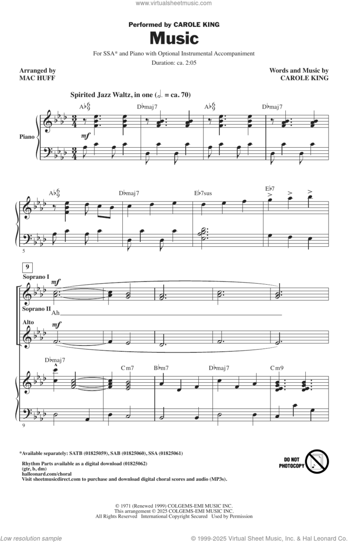 Music (arr. Mac Huff) sheet music for choir (SSA: soprano, alto) by Carole King and Mac Huff, intermediate skill level