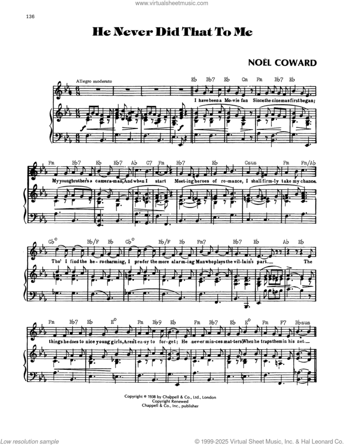 He Never Did That To Me sheet music for voice, piano or guitar by Noel Coward, intermediate skill level