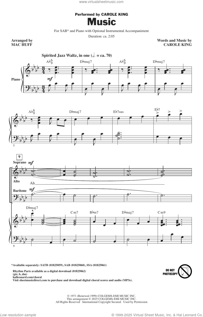 Music (arr. Mac Huff) sheet music for choir (SAB: soprano, alto, bass) by Carole King and Mac Huff, intermediate skill level