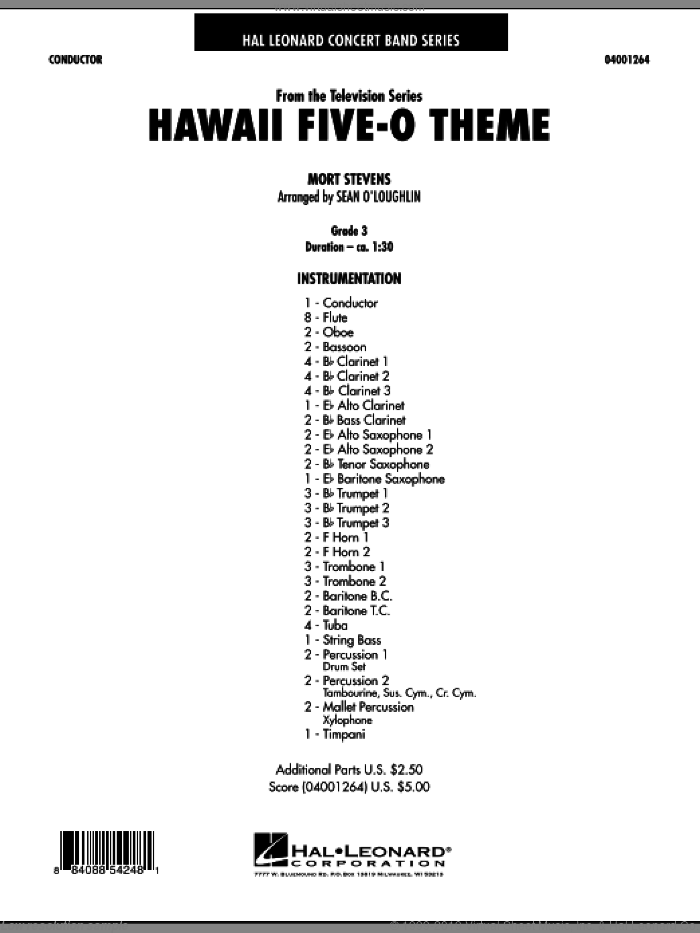 Hawaii Five-O Theme (COMPLETE) sheet music for concert band by Sean O'Loughlin and Mort Stevens, intermediate skill level