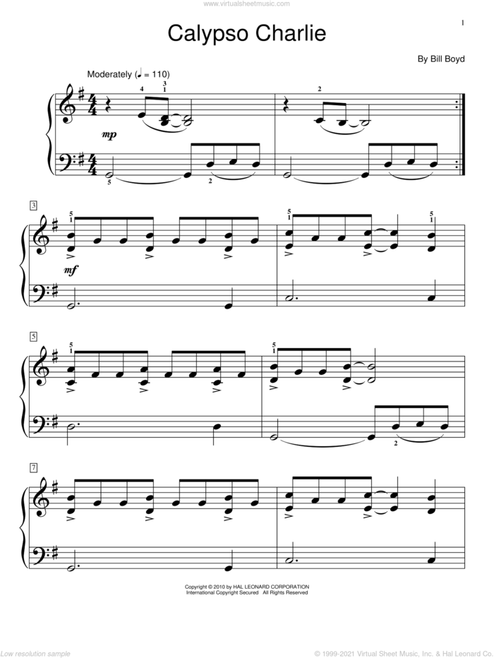 Calypso Charlie sheet music for piano solo (elementary) by Bill Boyd, beginner piano (elementary)