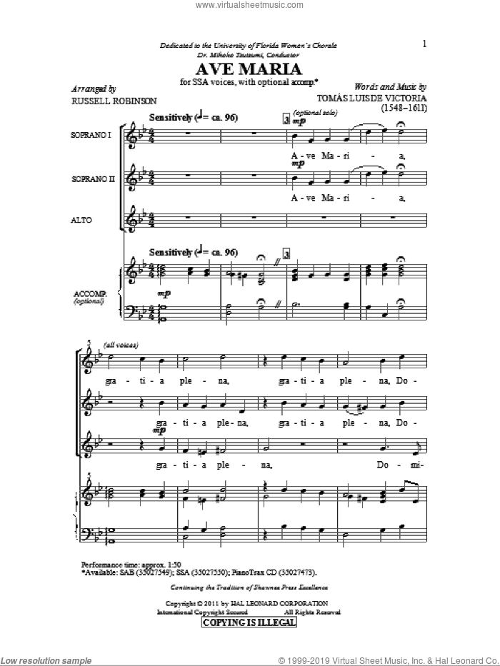 Ave Maria sheet music for choir (SSA: soprano, alto) by Tomas Luis De Victoria, TomA�A�s Luis de Victoria, Tomas Luis de Victoria and Russell Robinson, intermediate skill level