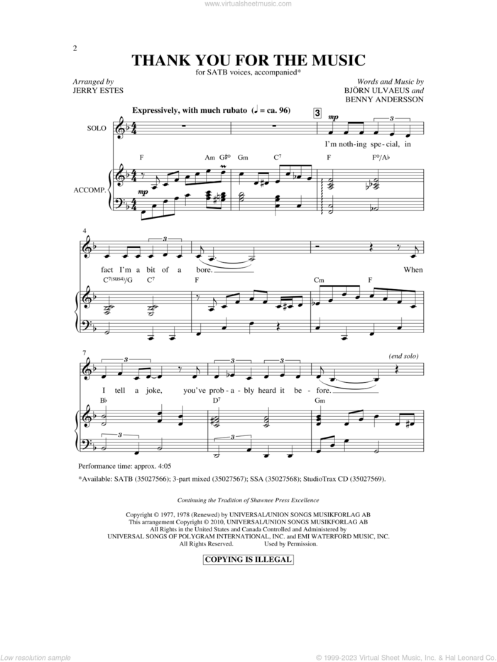 Thank You For The Music (arr. Jerry Estes) sheet music for choir (SATB: soprano, alto, tenor, bass) by Benny Andersson, Bjorn Ulvaeus, ABBA and Jerry Estes, intermediate skill level