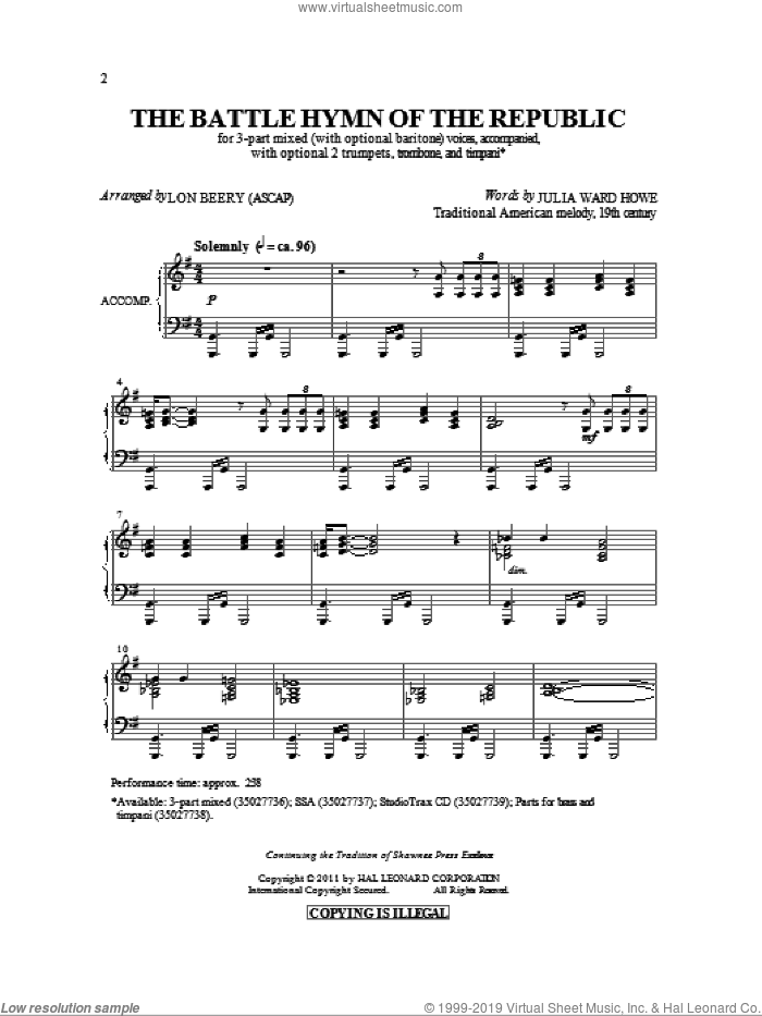 Battle Hymn Of The Republic sheet music for choir (3-Part Mixed) by William Steffe, Julia Ward Howe and Lon Beery, intermediate skill level