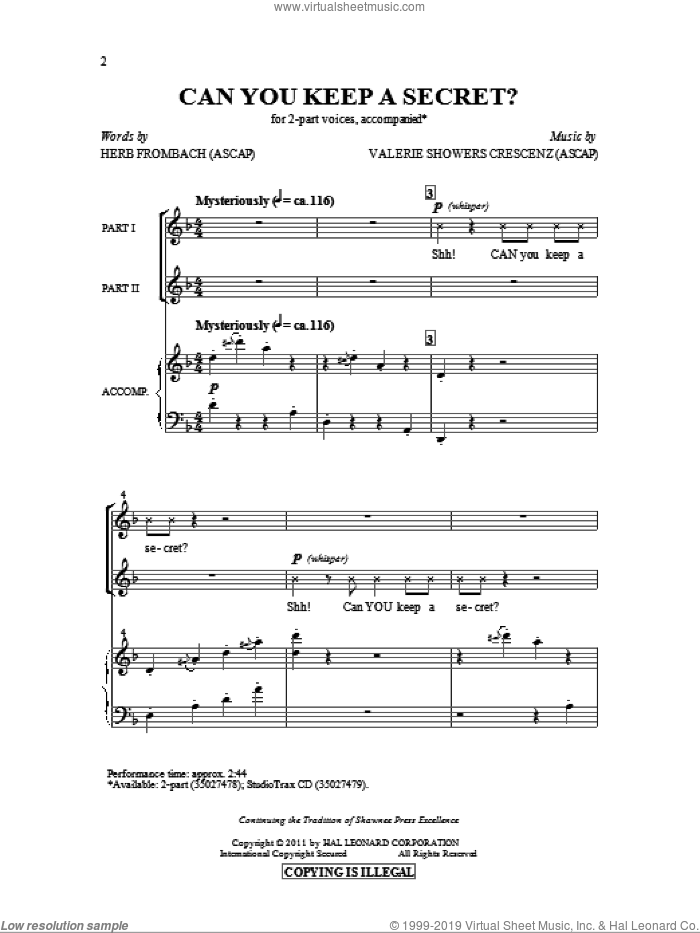 Can You Keep A Secret? sheet music for choir (2-Part) by Herb Frombach and Valerie Crescenz, intermediate duet