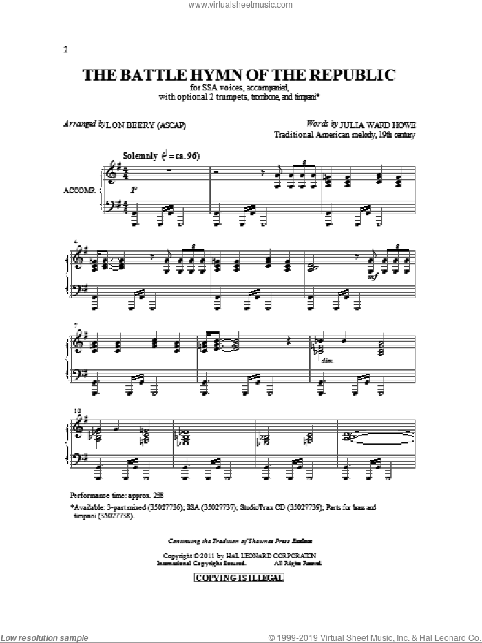 Battle Hymn Of The Republic sheet music for choir (SSA: soprano, alto) by William Steffe, Julia Ward Howe and Lon Beery, intermediate skill level