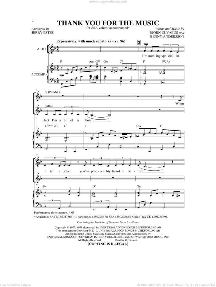 Thank You For The Music (arr. Jerry Estes) sheet music for choir (SSA: soprano, alto) by Benny Andersson, Bjorn Ulvaeus, ABBA and Jerry Estes, intermediate skill level